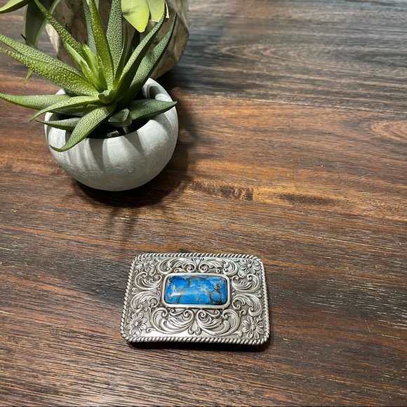 Nocona Silver boho faux lapis gemstone belt buckle blue Jasper looks real - Picture 2 of 6